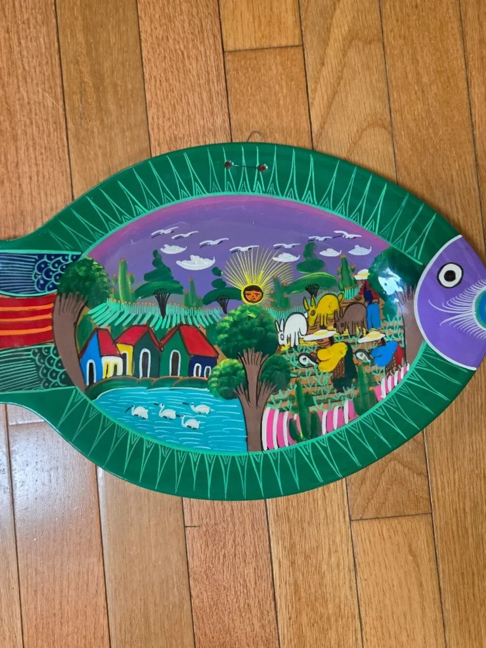 vintage Mexican folk art fish plate vibrant hand painted red clay
